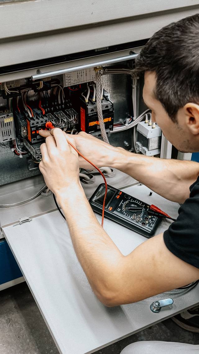 Electrician măsurând cu multimetrul conexiunile dintr-un tablou electric deschis