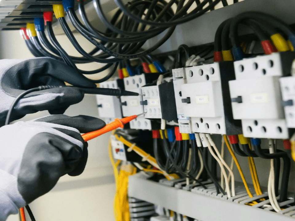 Vârful unui multimetru atingând bornele unui tablou electric în timpul verificării